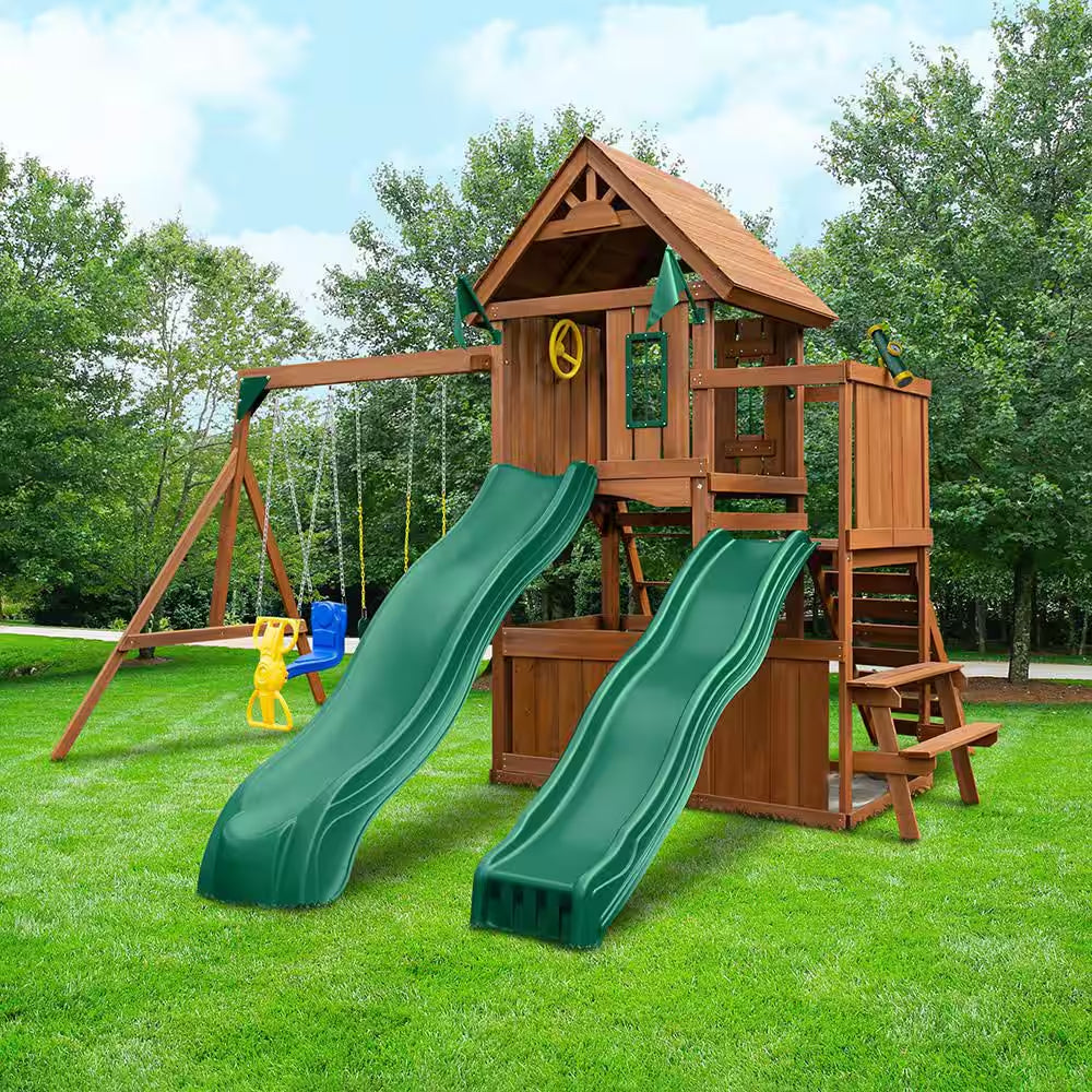 DIY Knightsbridge Deluxe Wooden Outdoor Playground Set with Slides, Rock Wall, Swing Set, and Playground Equipment