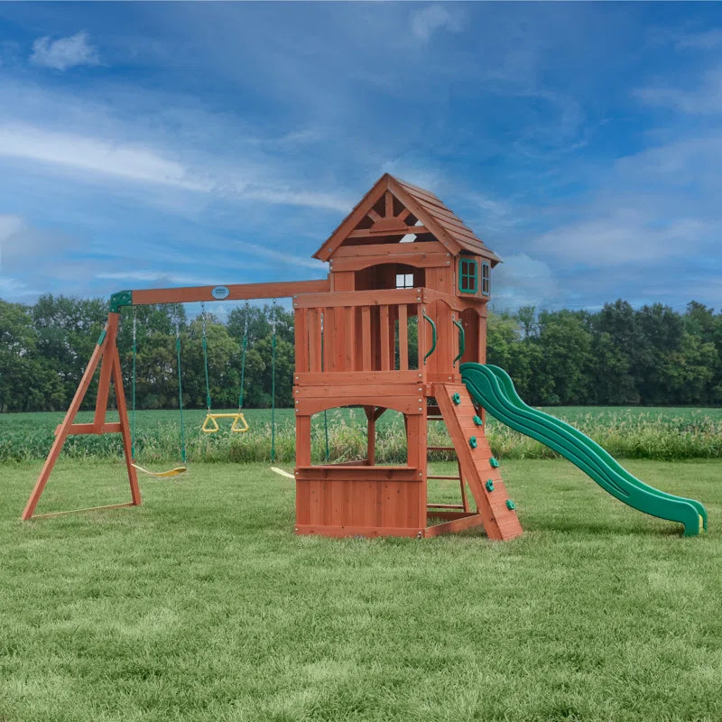 Atlantis Cedar Wood Swing Set with Wave Slide, Clubhouse, Rock Wall, and Sandbox Area
