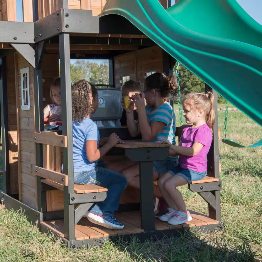 Canyon Creek Outdoor Kid'S Playground Set W/ Rockwall, Upper Fort, Swing Set, Green Wave Slide, and Playset Kitchen