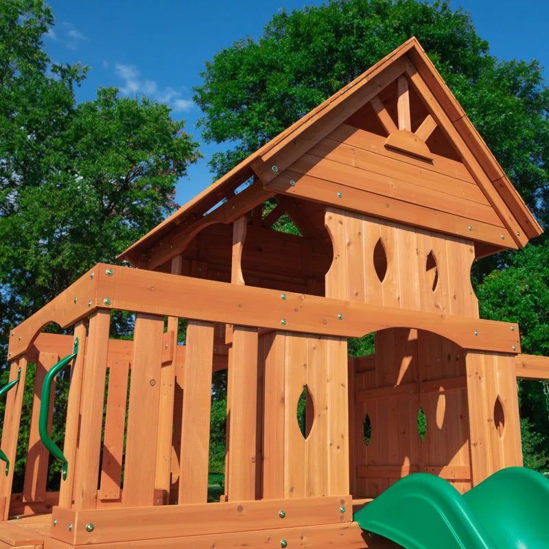 Woodland Cedar Wood Swing Set with Wave Slide, Clubhouse, Rock Wall, and Snack Bar Station