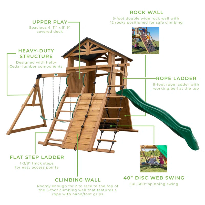 Endeavor Cedar Wood Swing Set with Wave Slide, Play Deck, Double Rock Wall, and Rope Ladder
