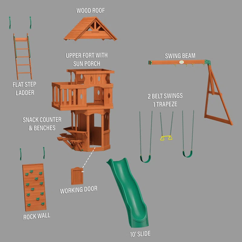 Woodland Cedar Wood Swing Set with Wave Slide, Clubhouse, Rock Wall, and Snack Bar Station
