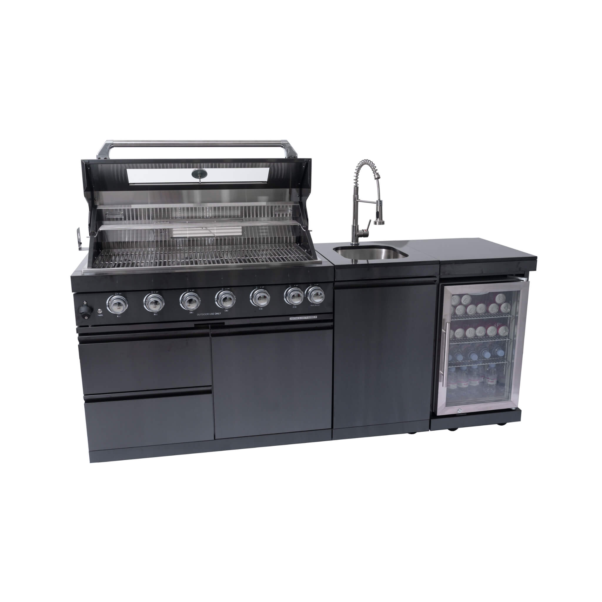 Castelle Flame 85K BTU Outdoor BBQ Kitchen Grill Island With 43-Inch 6-Burner Grill, Wine Fridge, Rotisserie Kit, And Sink (SAK23864)