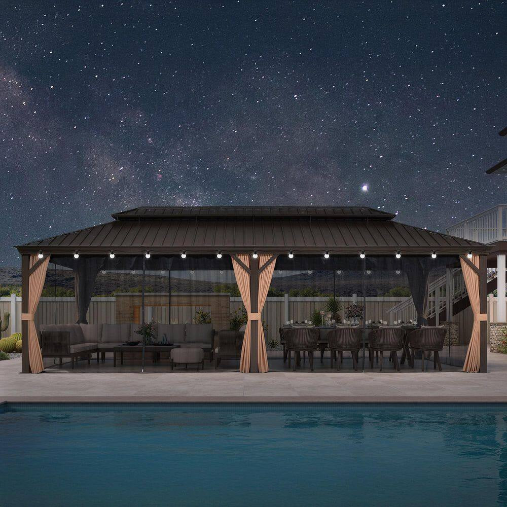 13 Ft.X 20 Ft.Bronze Patio Outdoor Gazebo for Backyard Hardtop Aluminum Frame with Hooks,Netting,Khaki Curtain,36 Lights