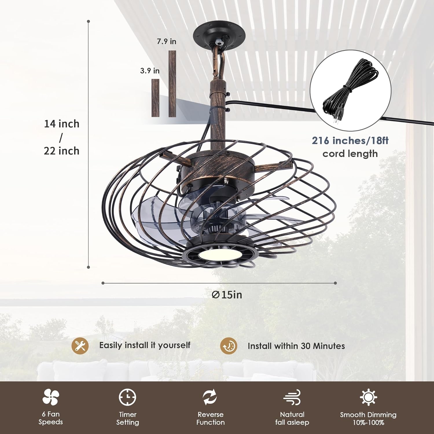 15" Outdoor Ceiling Fan with Light, Waterproof Gazebo Fan Remote Control, Dimmab