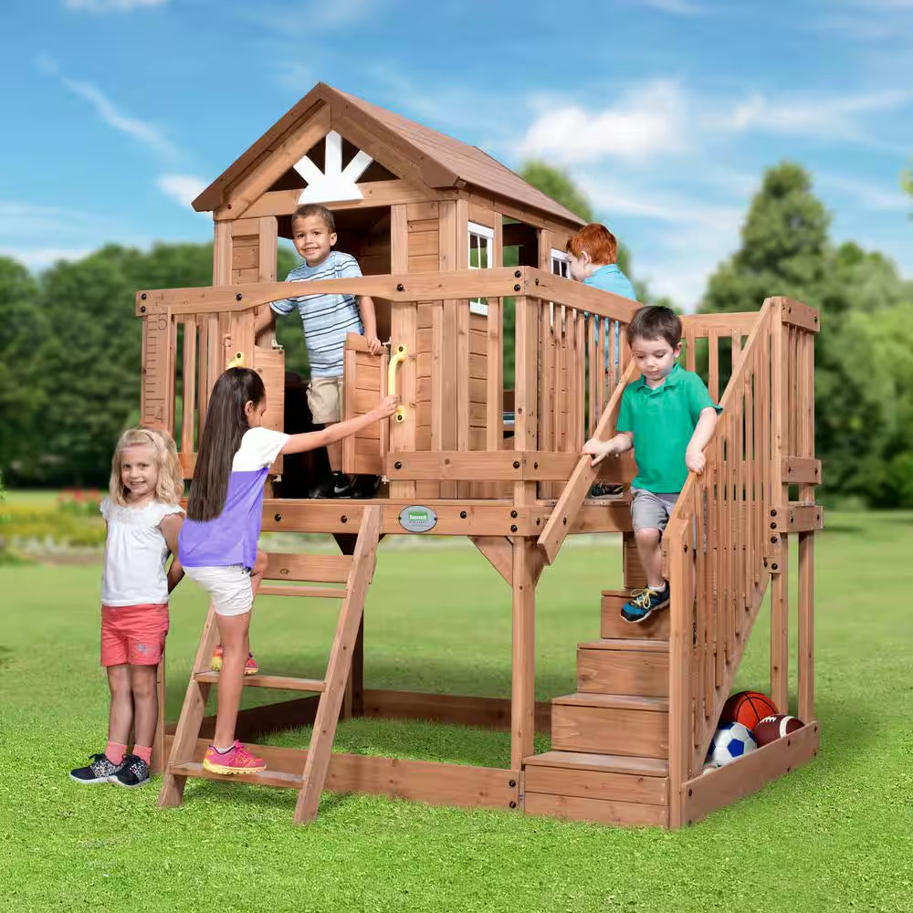Scenic Heights Indoor Outdoor All Cedar Wooden Elevated Kids Playhouse W/ Clubhouse, Ladder, Staircase, and Play Kitchen