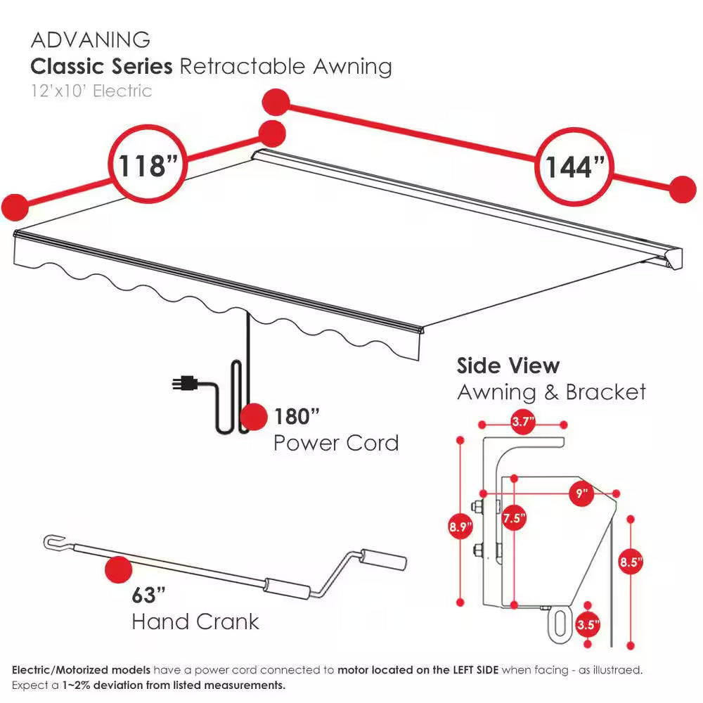 12 Ft. Classic Series Semi-Cassette Electric W/ Remote Retractable Patio Awning, Green Beige Stripes (10 Ft Projection)
