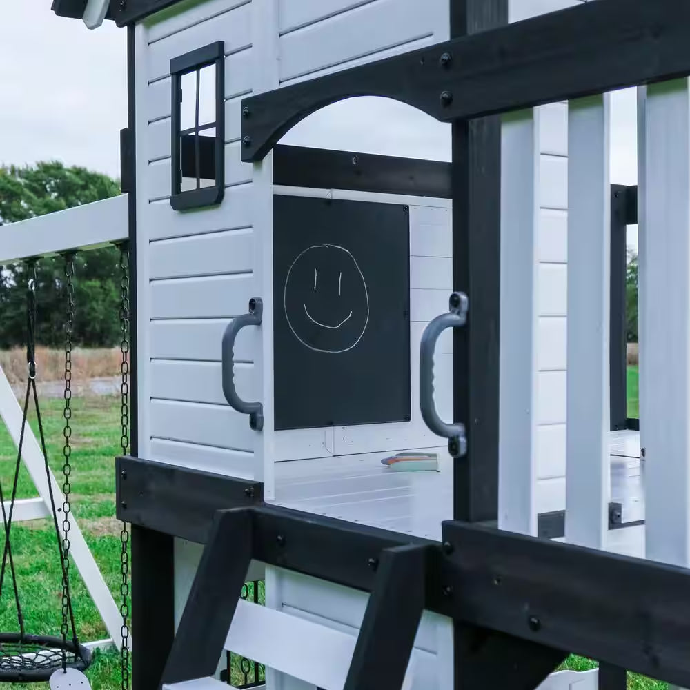 Canyon Creek White Outdoor Kid'S Playground Set W/ Rock Wall, Wave Slide, Web Swing, and Playset Kitchen