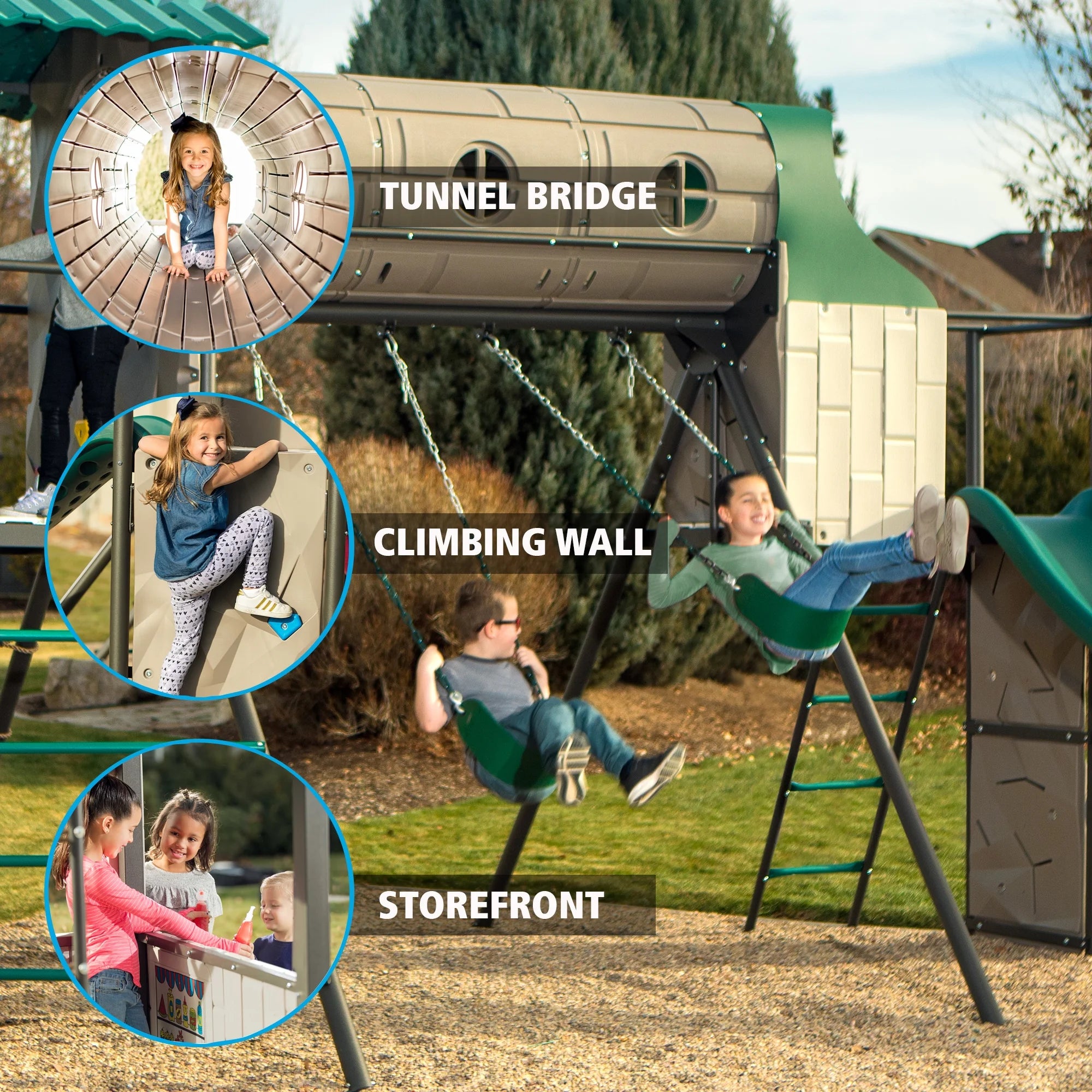 Kid'S Adventure Tunnel Swing Set with Clubhouse, Belt Swings and Climbing Wall (91134)