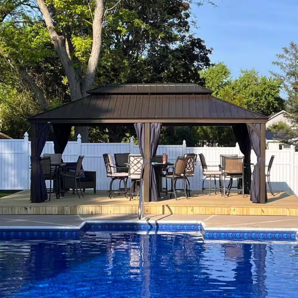 12 Ft.X 20 Ft.Bronze Aluminum Power-Coated Frame Galvanized Steel Double Roof Hardtop Gazebo,Hooks, Netting,Blue Curtain