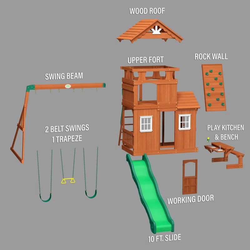 Shenandoah Cedar Wood Swing Set with Wave Slide, Clubhouse, Playhouse, and Play Kitchen
