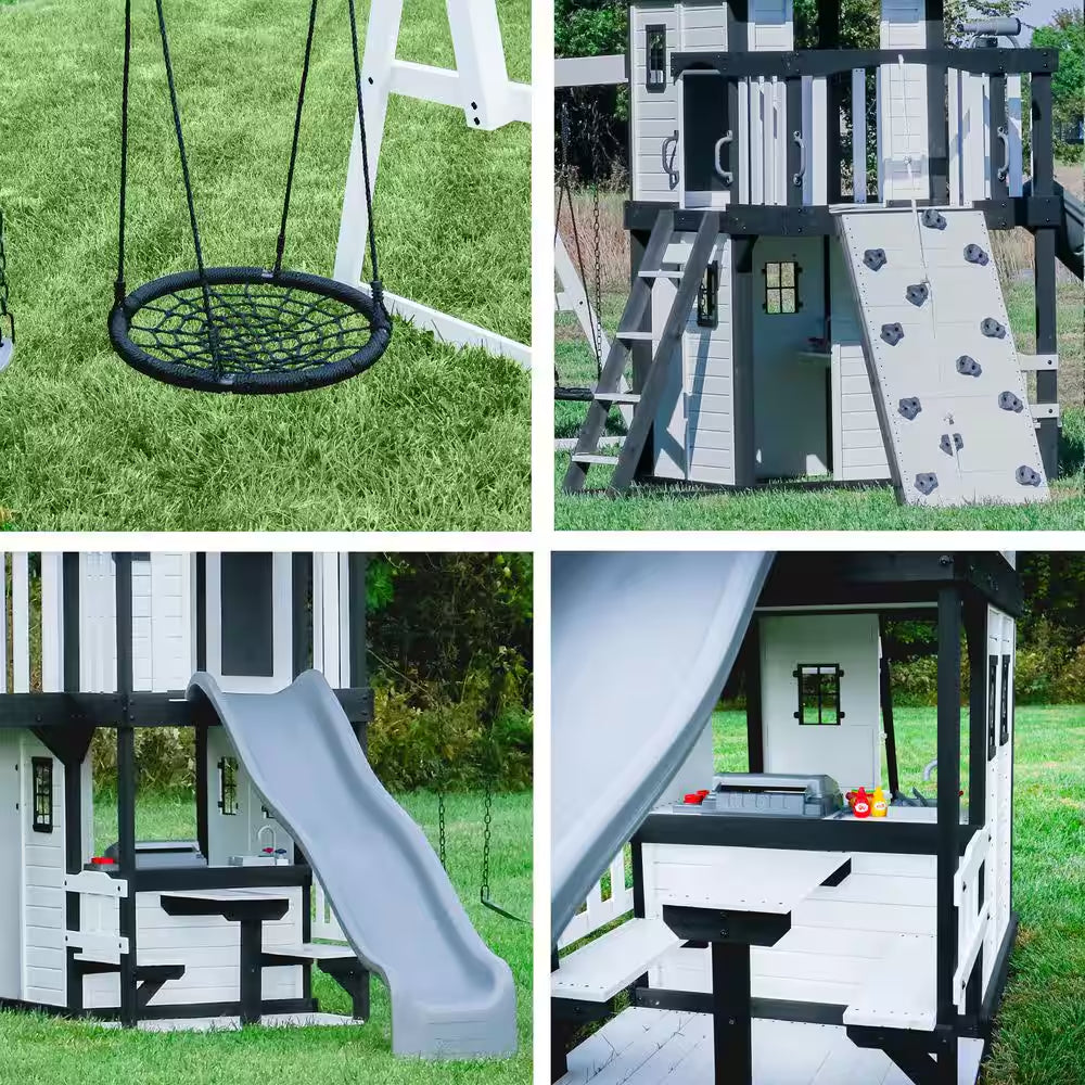 Canyon Creek White Outdoor Kid'S Playground Set W/ Rock Wall, Wave Slide, Web Swing, and Playset Kitchen