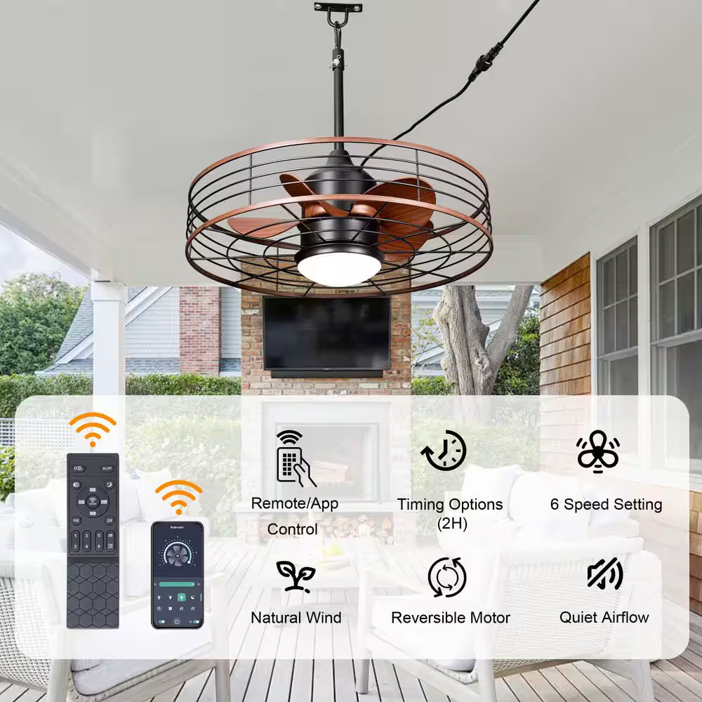 23 In. Smart Outdoor Black Waterproof Dimmable Ceiling Fan with Light and Remote
