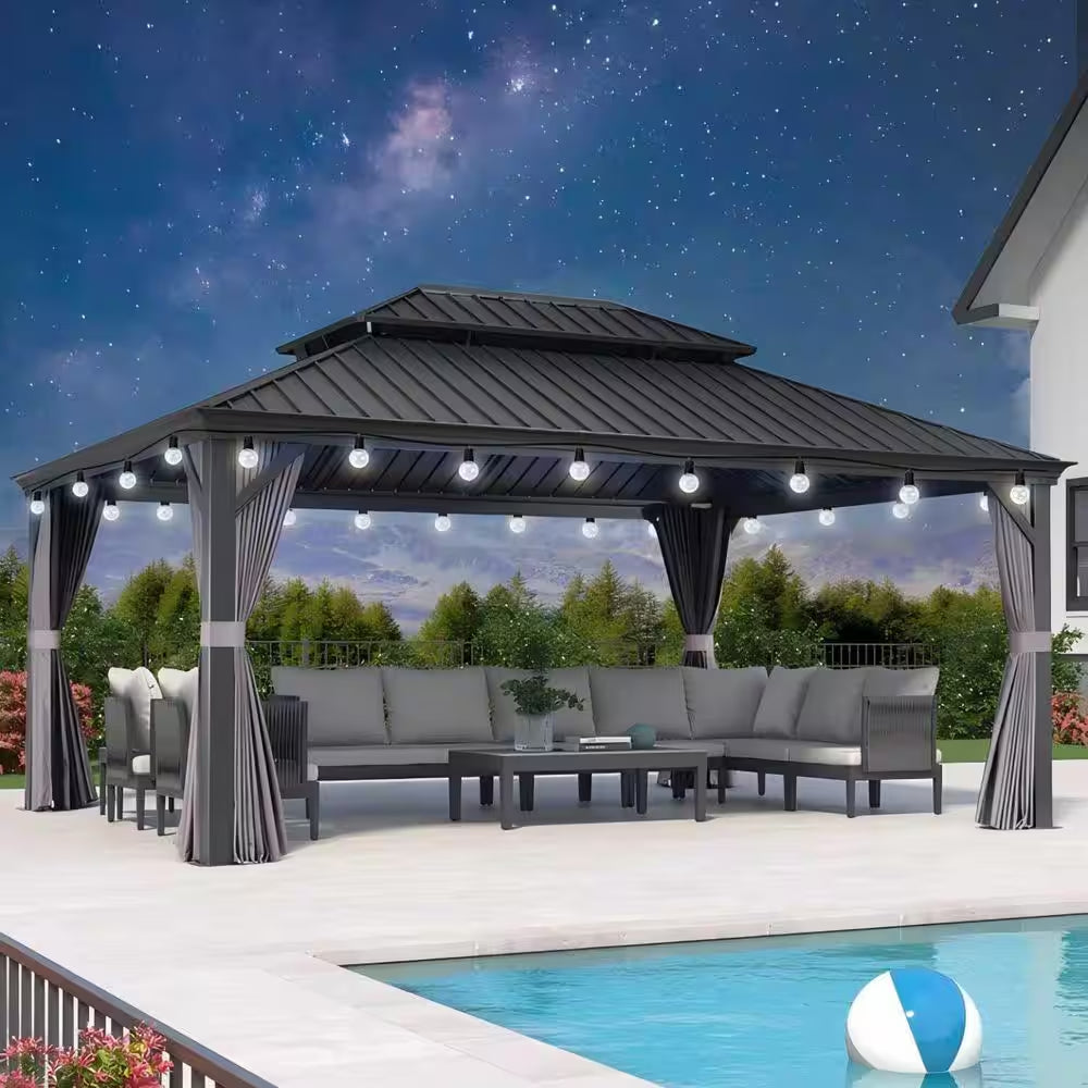 14 Ft. X 16 Ft. Gray Patio Outdoor Gazebo for Backyard Hardtop Aluminum Frame with Hooks, Netting, Curtain 36-Lights
