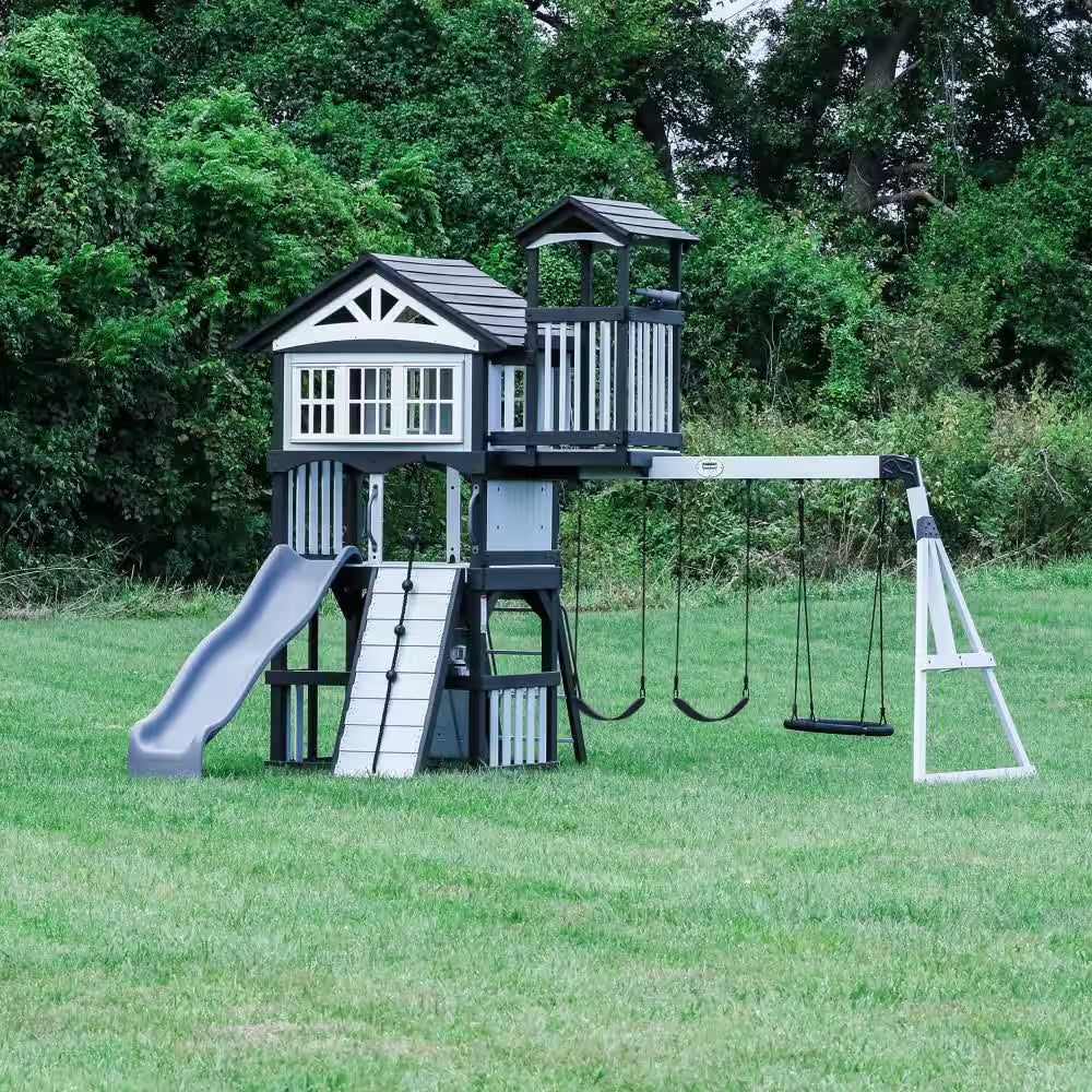 Whispering Point Outdoor Playground Set W/ Upper Clubhouse, Web Swing, Rock Wall, Swing Set, and Playset Kitchen