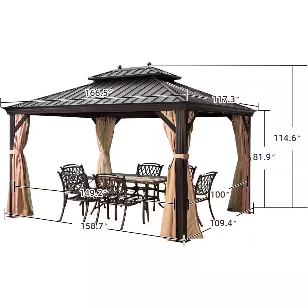 10 Ft. X 14 Ft. Bronze Patio Outdoor Gazebo for Backyard Hardtop Aluminum Frame Hooks Netting Khaki Curtain 24 Lights