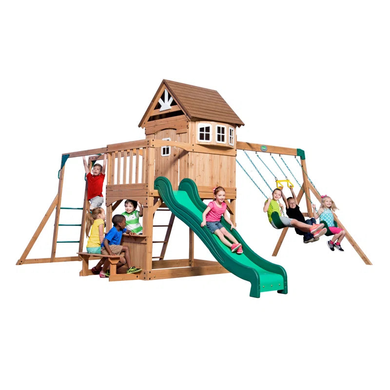 Montpelier Cedar Wood Swing Set with Wave Slide, Clubhouse, Monkey Bars, and Picnic Area