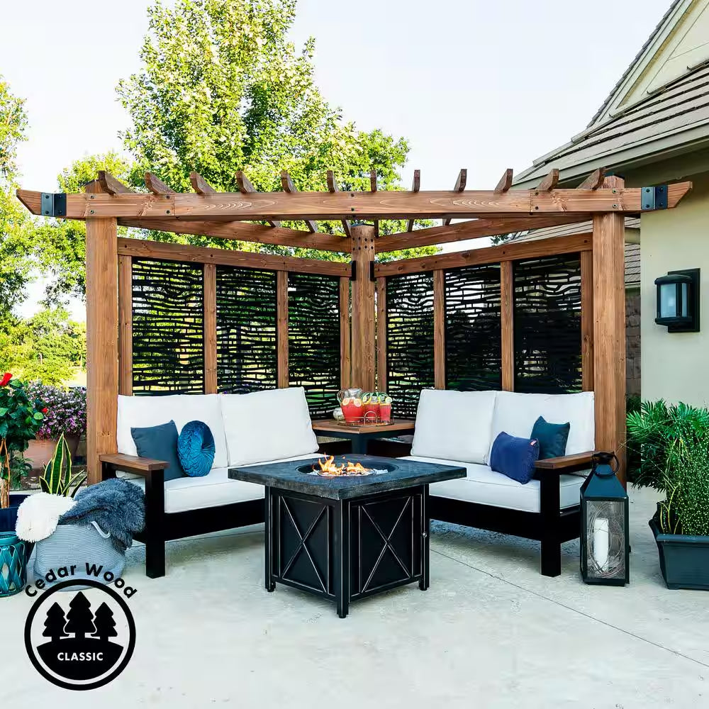 Tuscany 9 Ft. X 9 Ft. Light Brown Wooden Cabana Pergola with Bamboo Privacy Panels and Pumice Conversation Seating