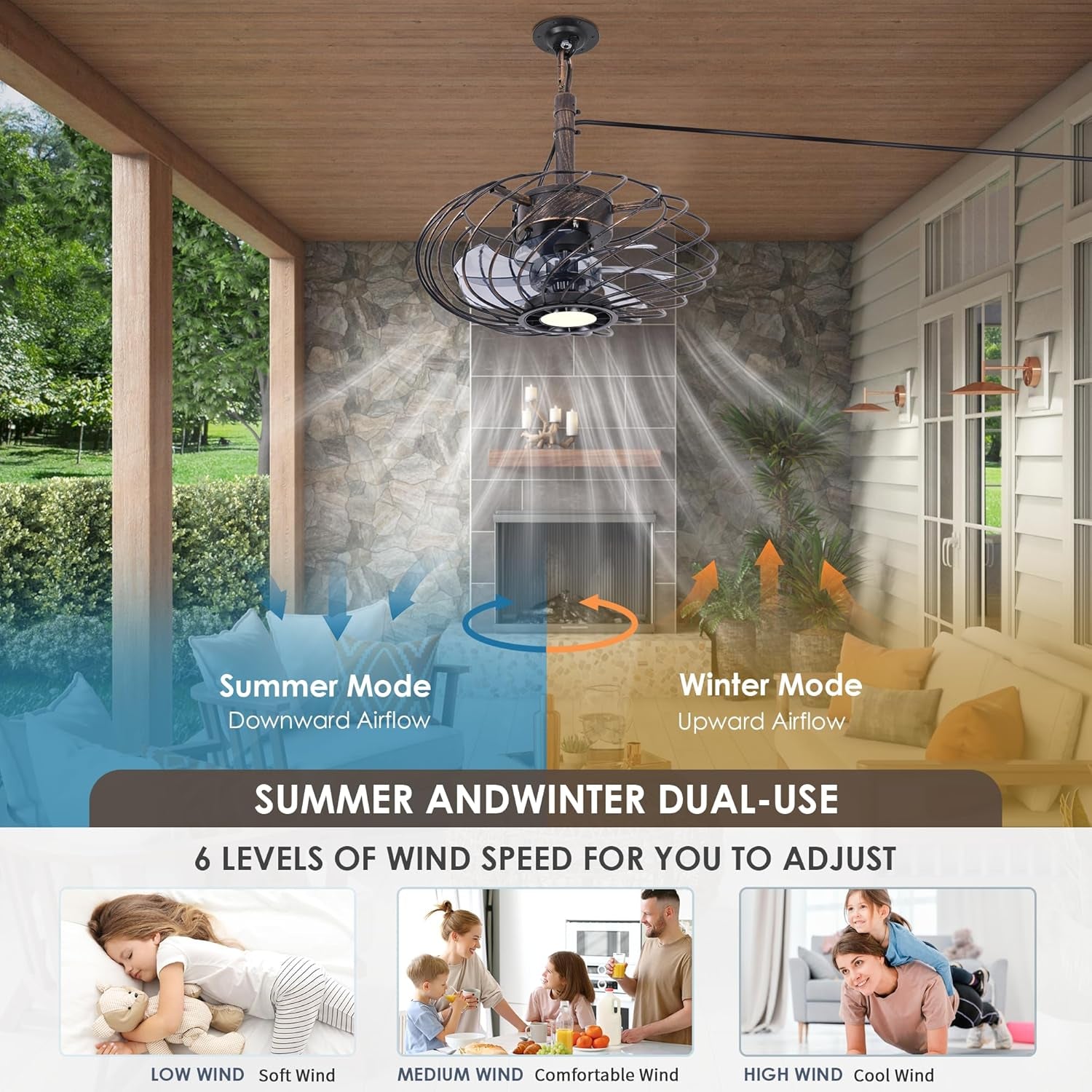 15" Outdoor Ceiling Fan with Light, Waterproof Gazebo Fan Remote Control, Dimmab