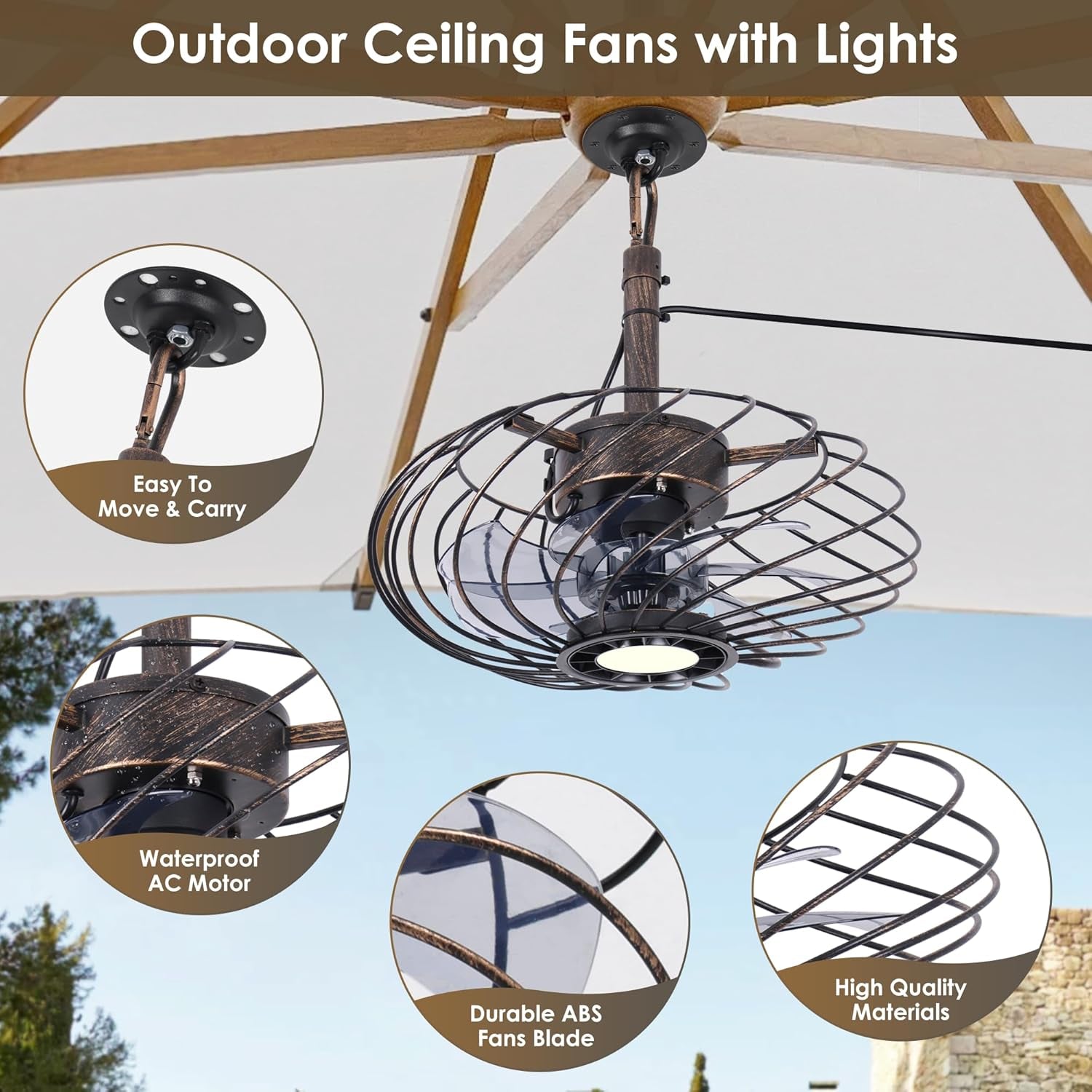 15" Outdoor Ceiling Fan with Light, Waterproof Gazebo Fan Remote Control, Dimmab