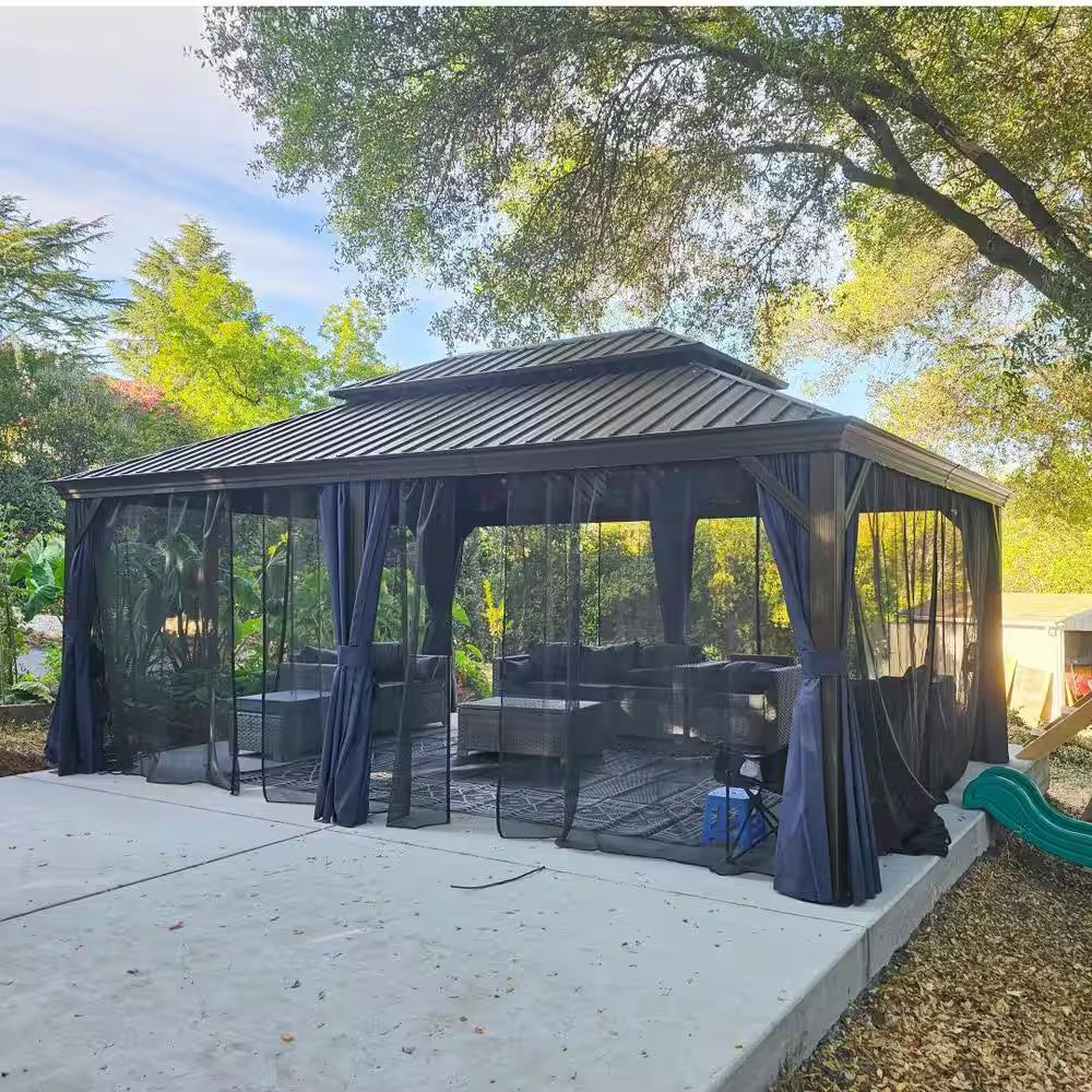 12 Ft.X 20 Ft.Bronze Aluminum Power-Coated Frame Galvanized Steel Double Roof Hardtop Gazebo,Hooks, Netting,Blue Curtain