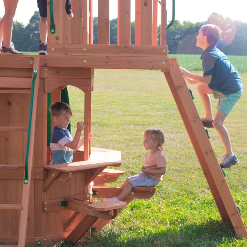 Woodland Cedar Wood Swing Set with Wave Slide, Clubhouse, Rock Wall, and Snack Bar Station