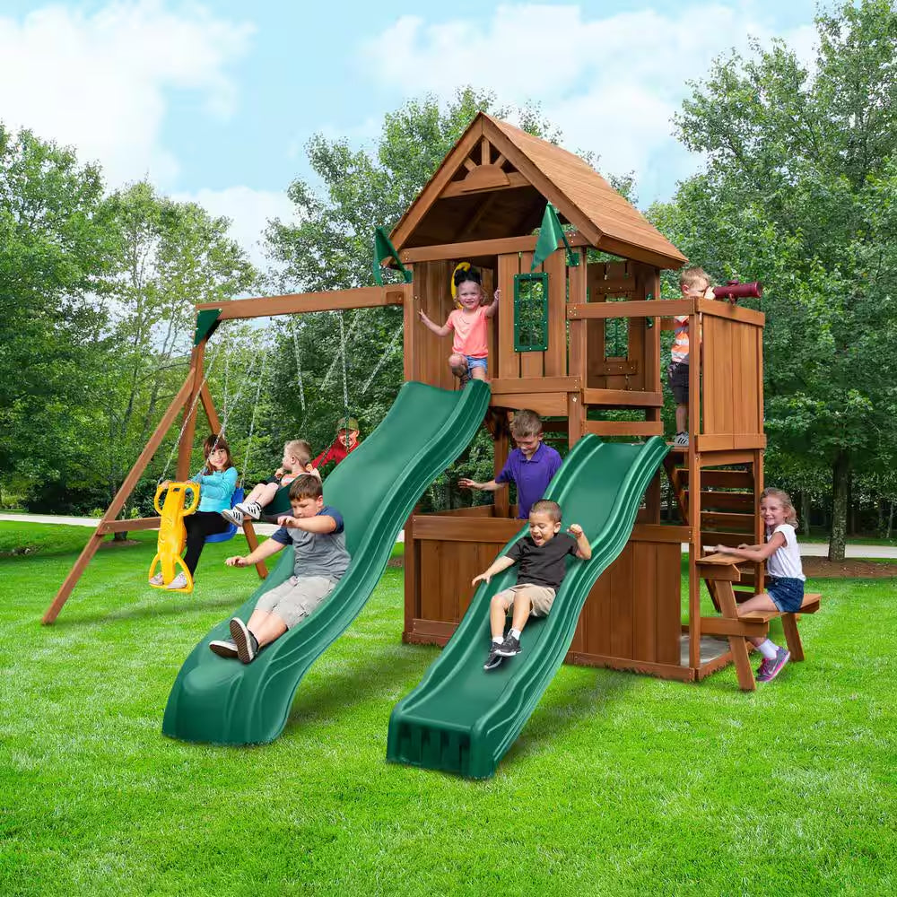DIY Knightsbridge Deluxe Wooden Outdoor Playground Set with Slides, Rock Wall, Swing Set, and Playground Equipment