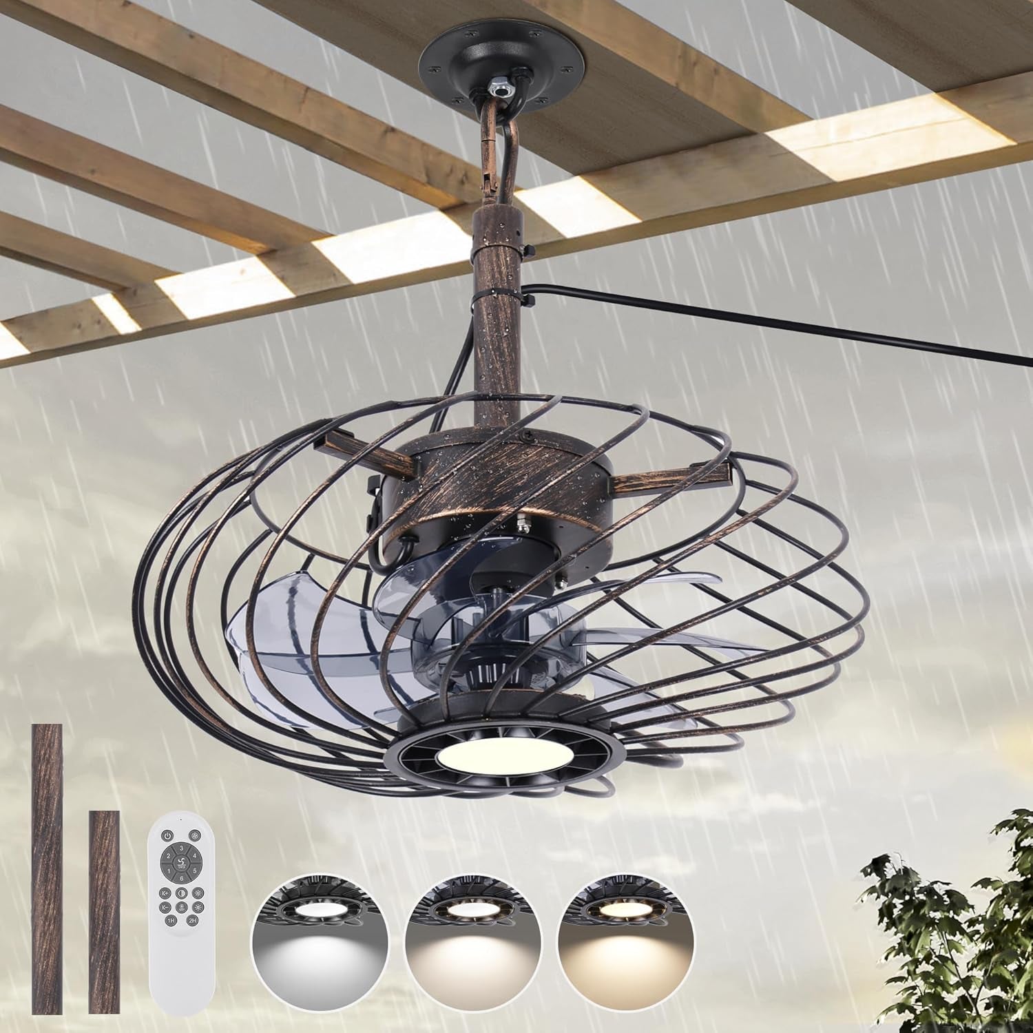 15" Outdoor Ceiling Fan with Light, Waterproof Gazebo Fan Remote Control, Dimmab