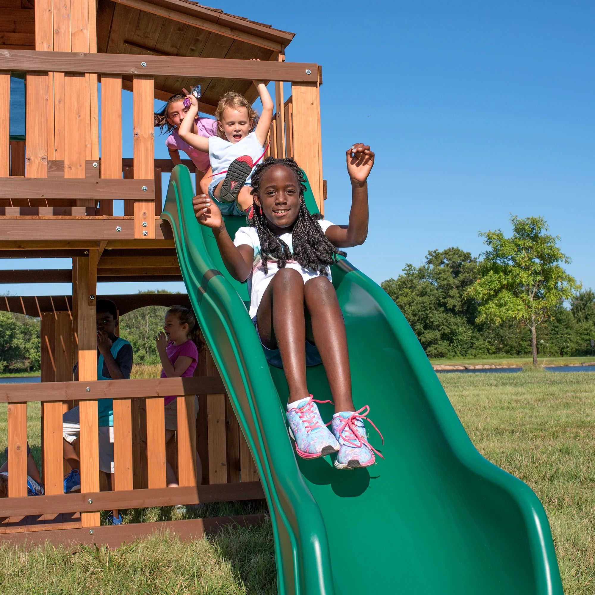 Woodridge Elite Cedar Wood Swing Set, Slide, Clubhouse, Crawl Tunnel