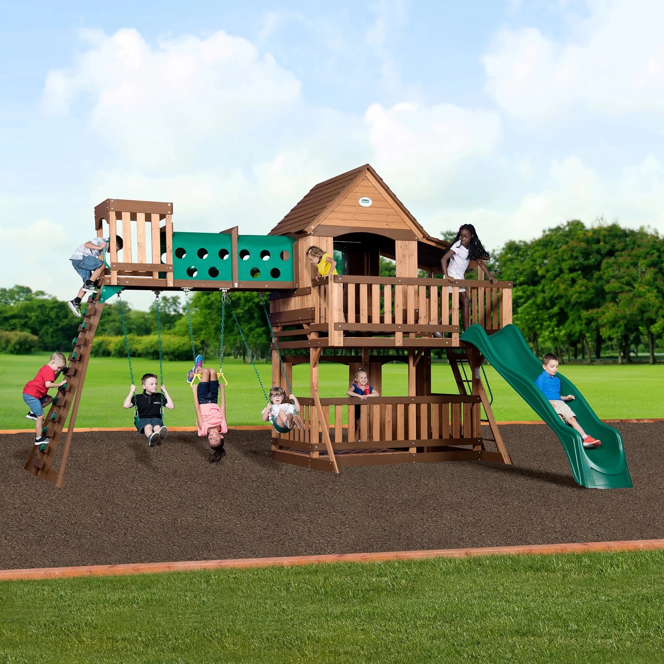 Woodridge Elite Cedar Wood Swing Set, Slide, Clubhouse, Crawl Tunnel