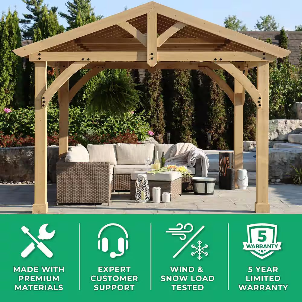 DIY Carolina 11 Ft. X 13 Ft. Cedar Wood Outdoor Gazebo Kit with Hardtop Metal Roof - Permanent Covered Patio Shade