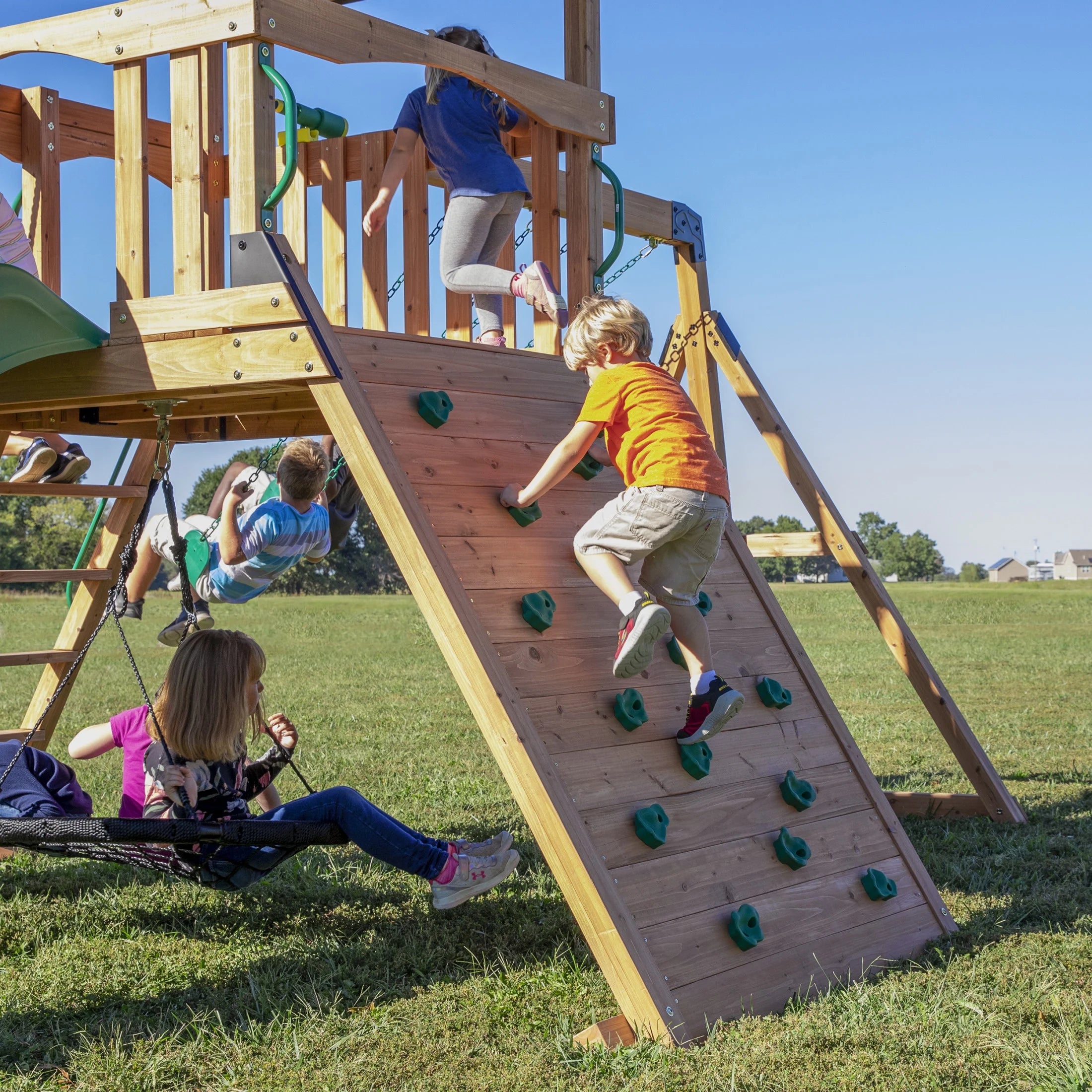 Endeavor Cedar Wood Swing Set, Slide, Play Deck, Rock Wall, Rope Ladder