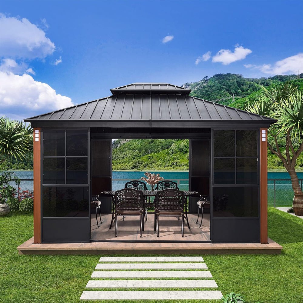 Large Heavy-Duty Outdoor Aluminum Patio Hard Double Steel Top Backyard Sun Room Gazebo (94625371)
