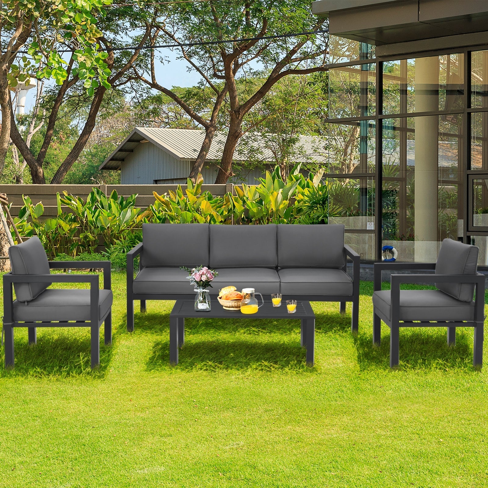 4 Pieces Outdoor Furniture Set for Backyard and Poolside-Gray