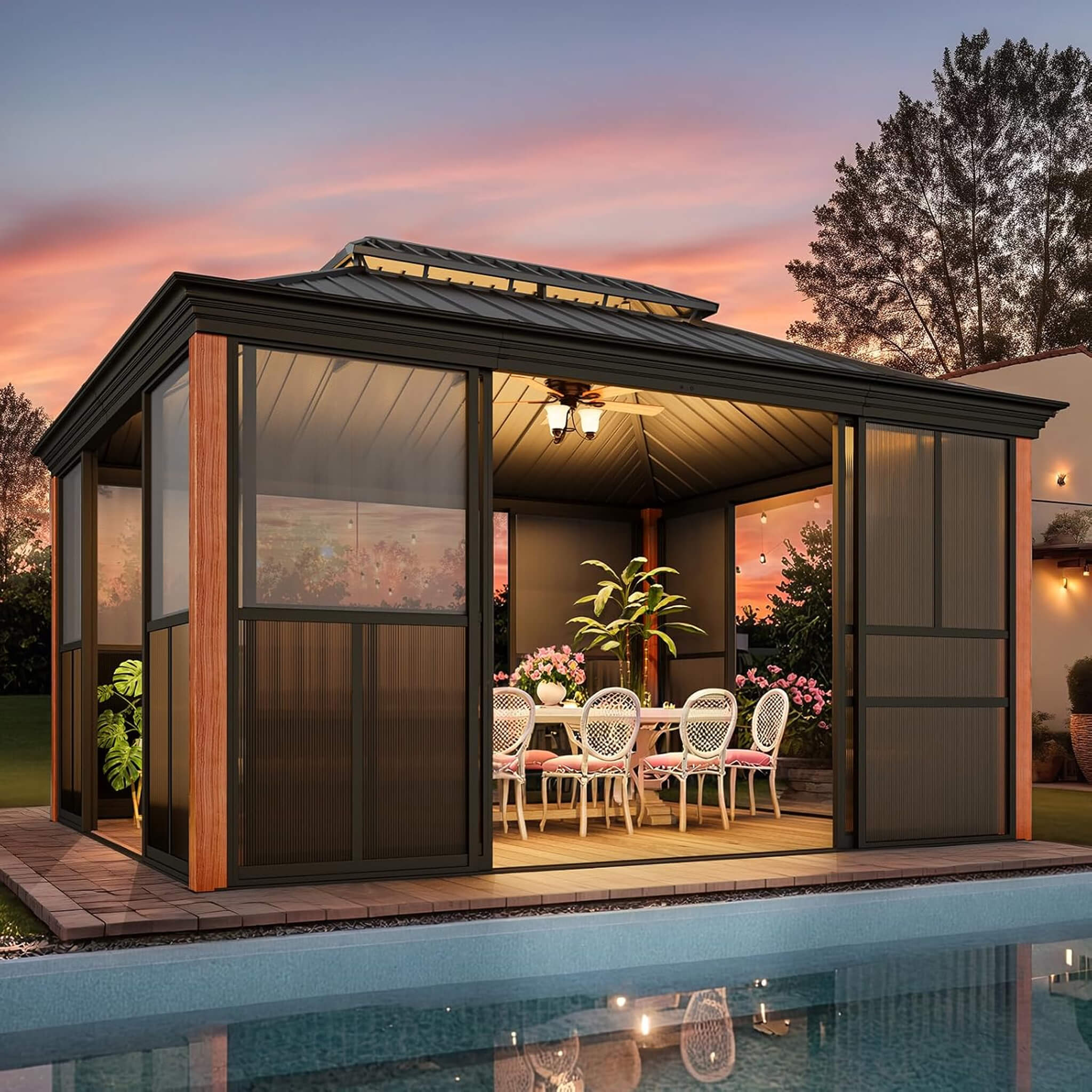 Alora Premium All-Season Outdoor Wood Grain Sunroom With Sliding Doors And Double Top Roof (SAK58317)