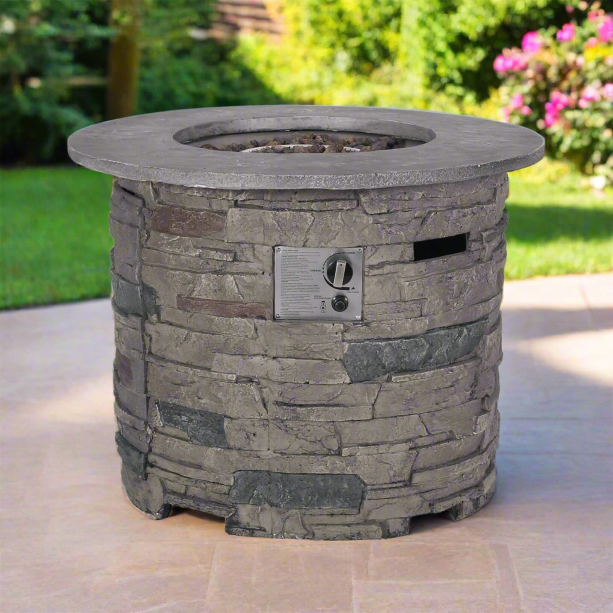 Alora 32-Inch Transitional Outdoor Concrete Round Propane Fire Pit Table, Gray (SAK48268)